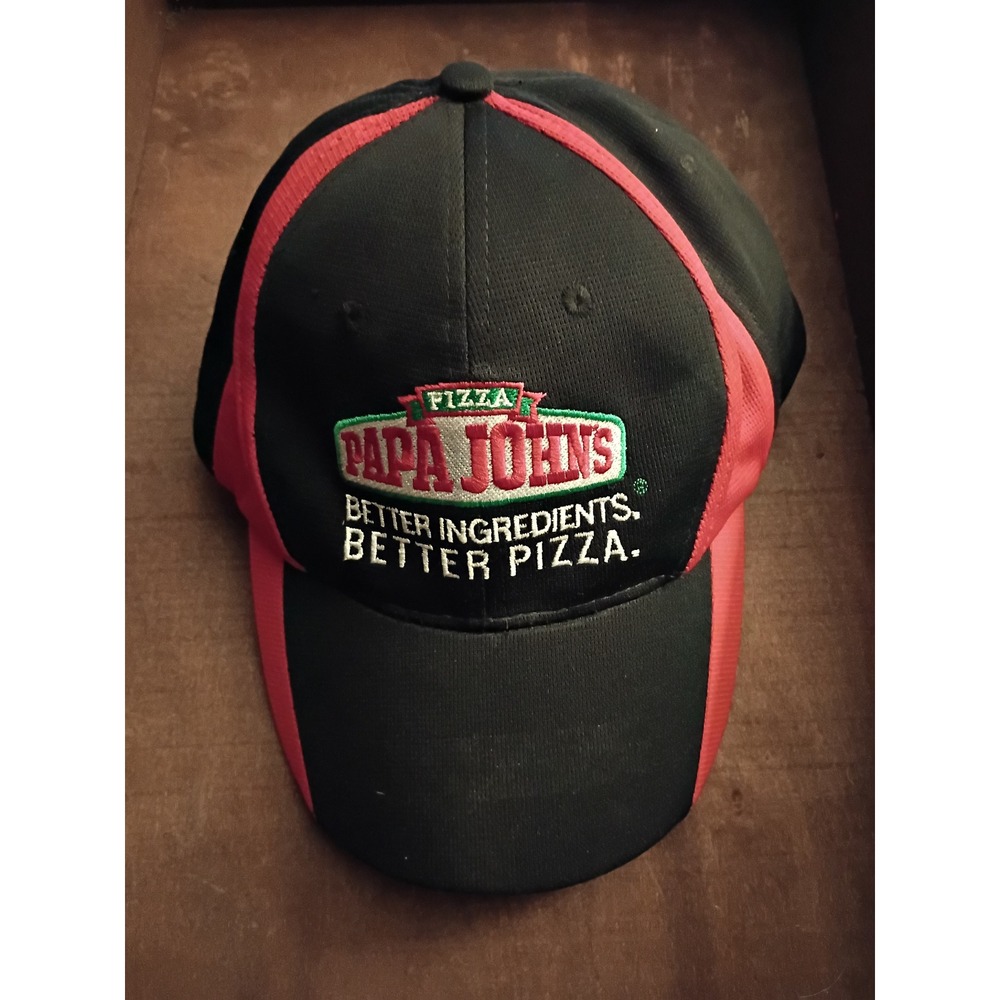Papa Johns Pizza Hat Black Red Adjustable Baseball Cap Employee Uniform Logo